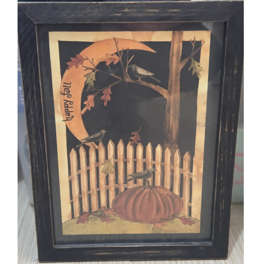 Primitive Fall Framed Art Crows Pumpkin Picket Fence Rustic Halloween Decor
